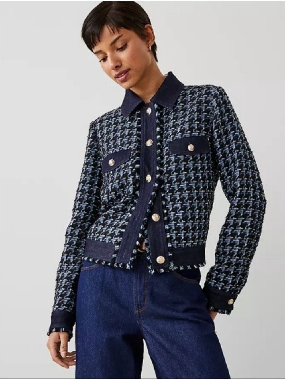 Ann Taylor Houndstooth Tweed Denim Jacket